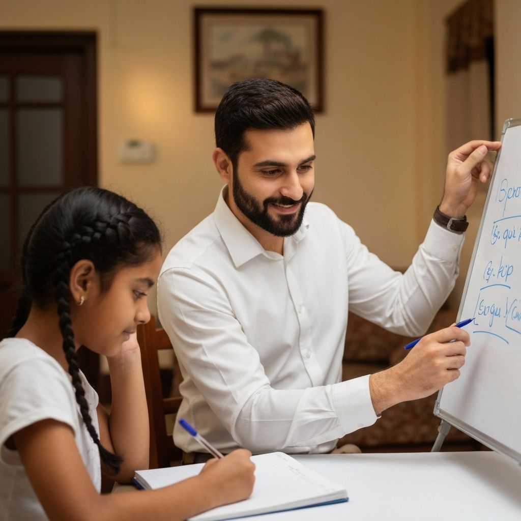 Professional tutor teaching a student in a comfortable home environment